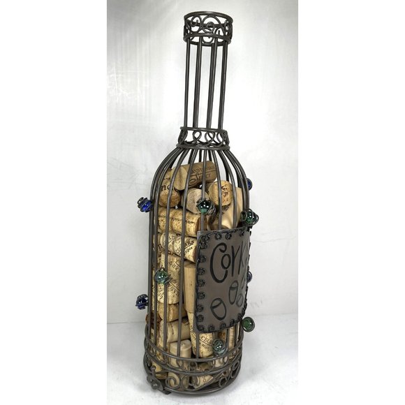 Cork Holder with Corks Decorative Caged Taupe Wine Bottle Shaped - Picture 6 of 14